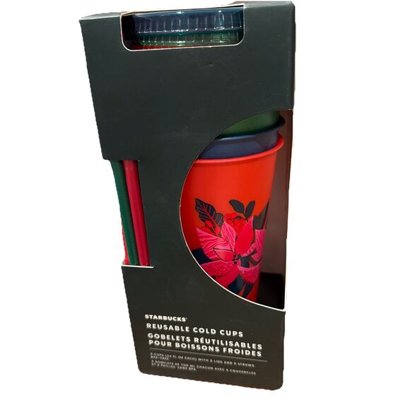 Starbucks NEW in Box Reusable Cold Cups Lids & Straws 24 Oz 5 Pieces Holiday - Picture 1 of 7